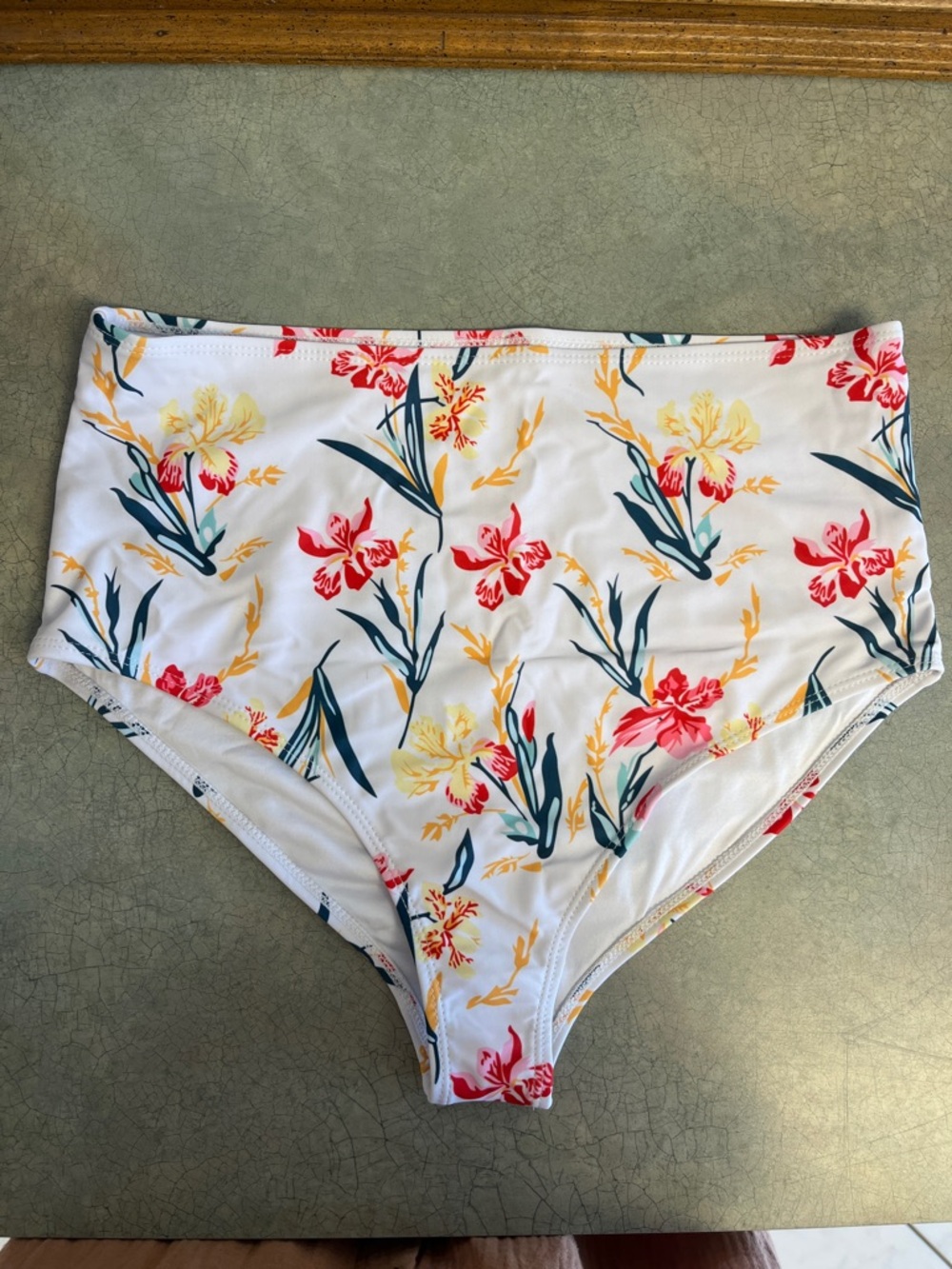 Amazon White Floral High-Waist Bikini Bottoms with Red, Yellow & Teal Accents